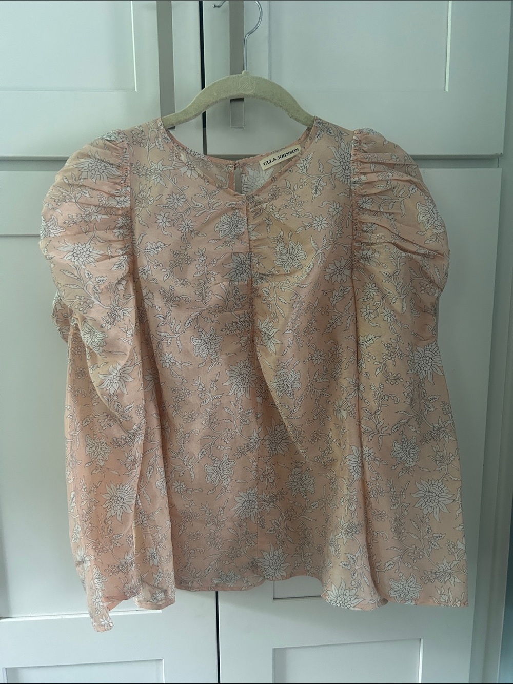 Ulla Johnson Peach-Pink Floral Puff-Sleeve Blouse